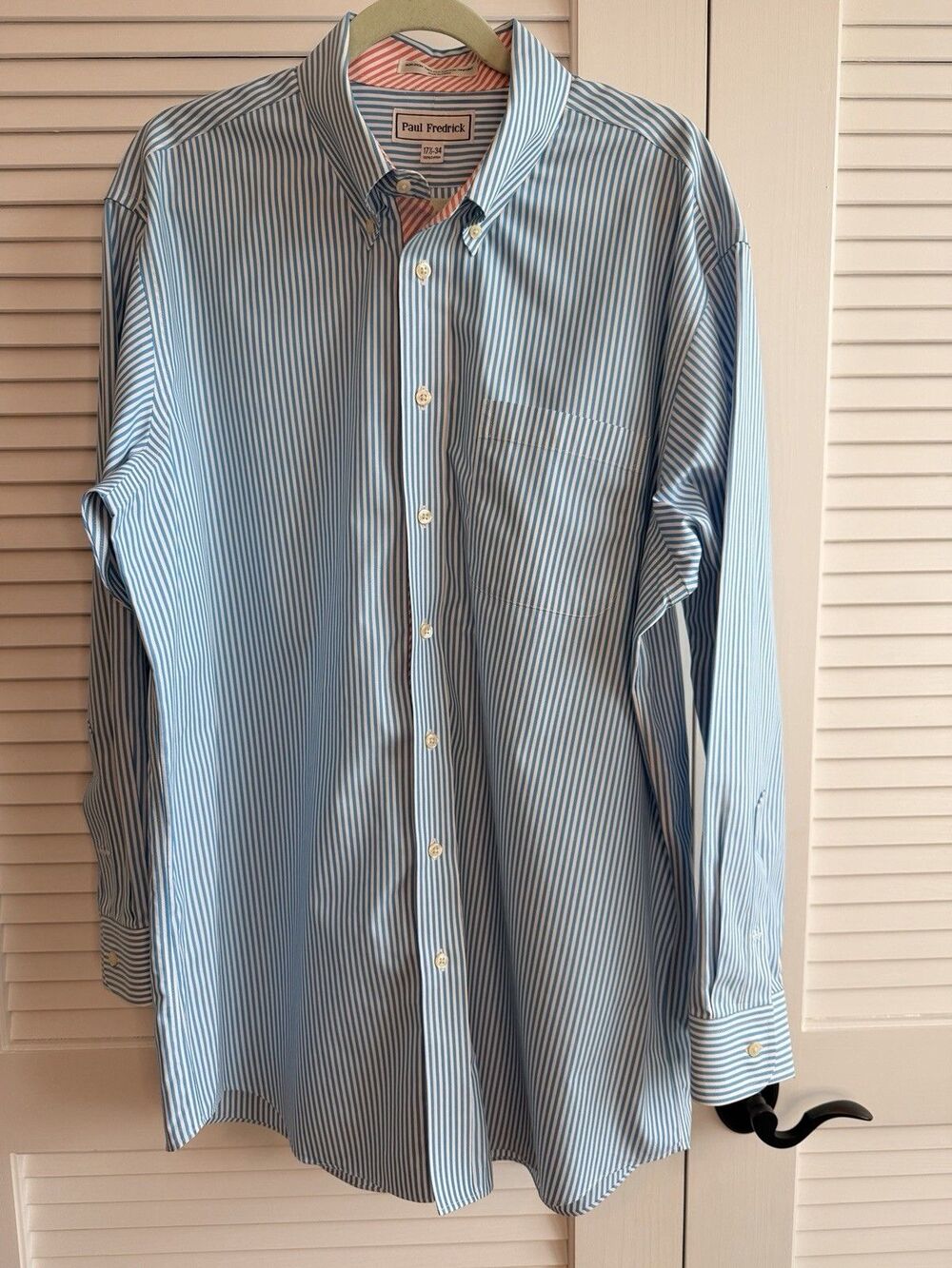 Title: Paul Fredrick Men’s 17.5 34 Blue Stripe Non-Iron Cotton Dress Shirt